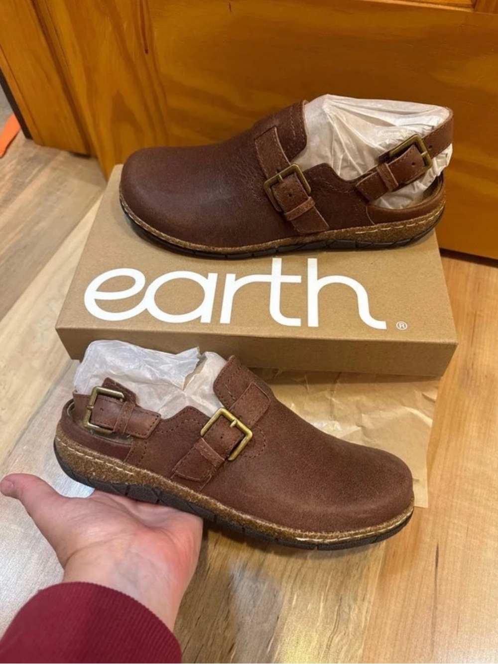 Earth Brown Leather Slip-On Clog with Dual Buckles